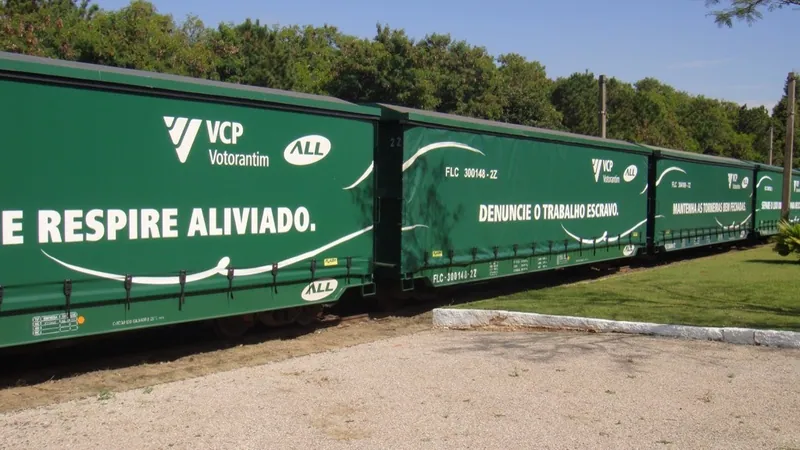 Vagões ferroviários verdes com cortinas sider e as marcas VCP e ALL
